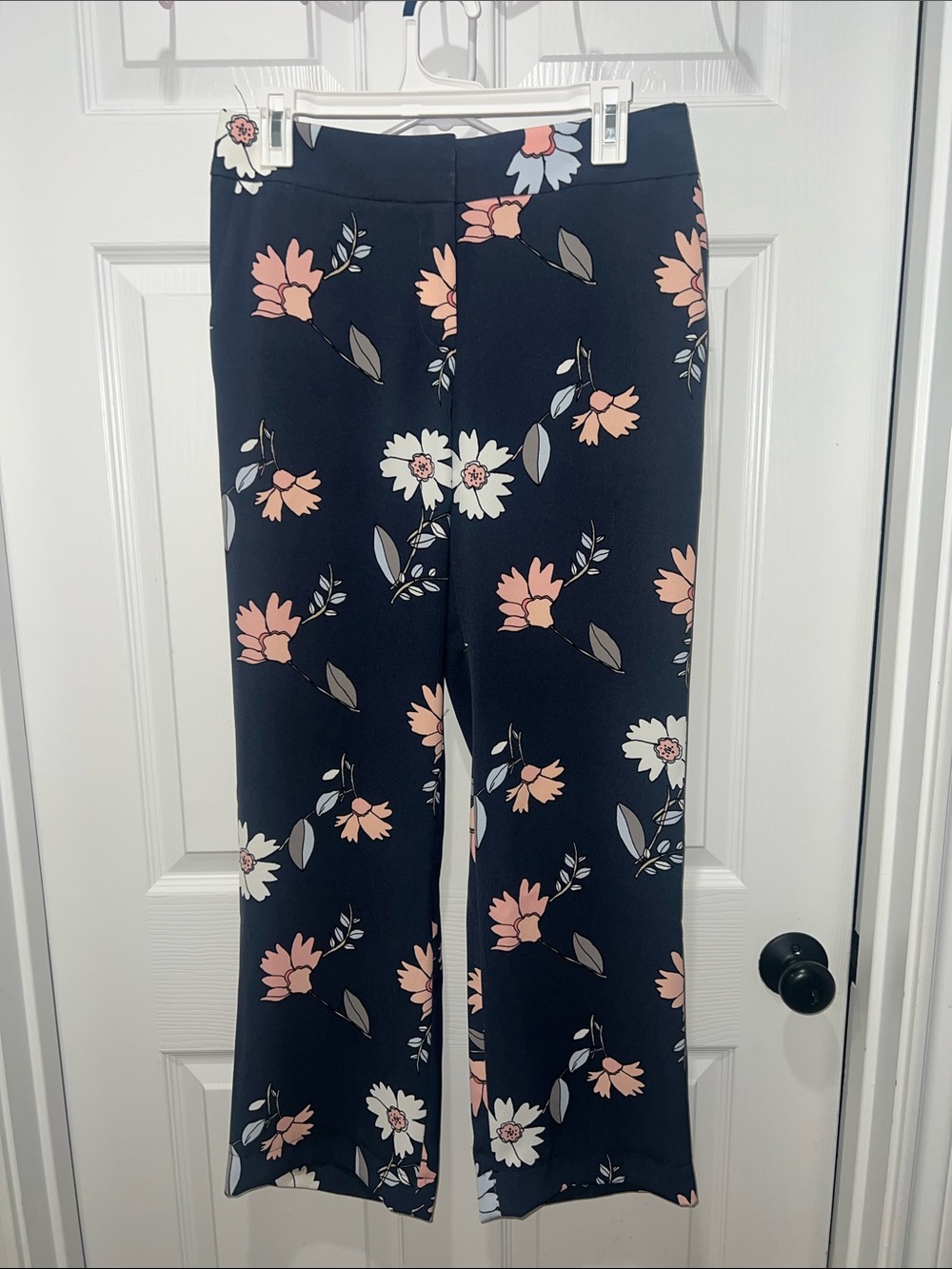 Loft Navy Floral Wide-Leg Pants with Peach & White Blooms